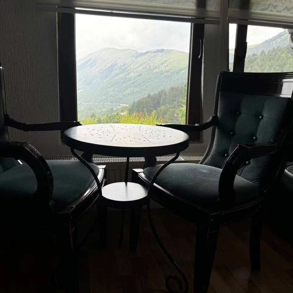 Balcony table and chairs of Apartment 2 facing the mountains