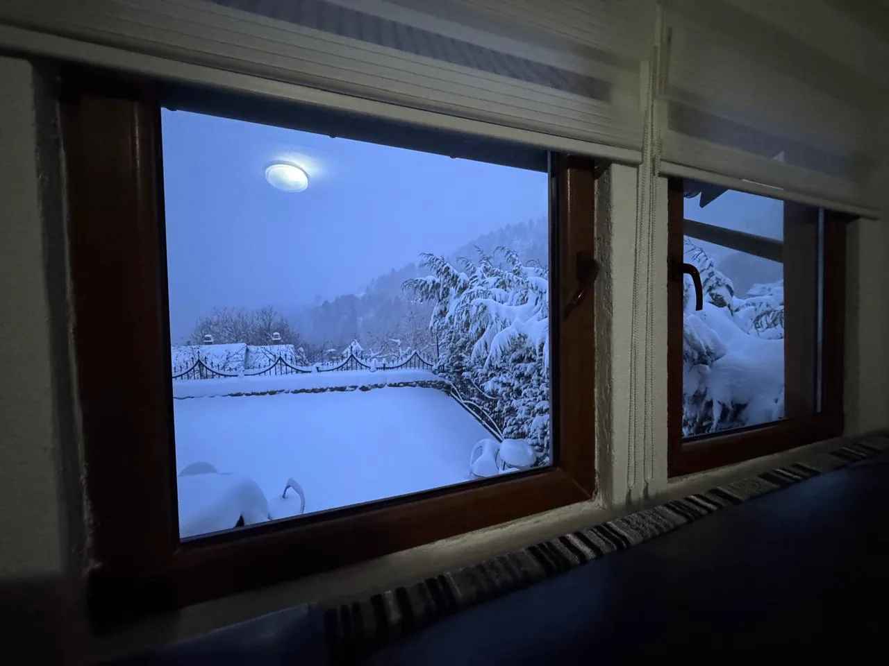 Snowy view from Apartment 2 at dusk