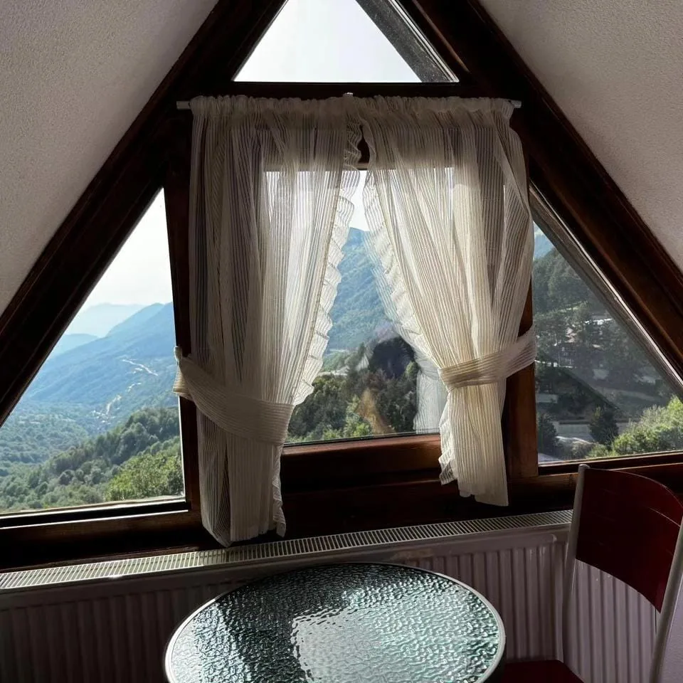 Triangular window with mountain view in Apartment 3